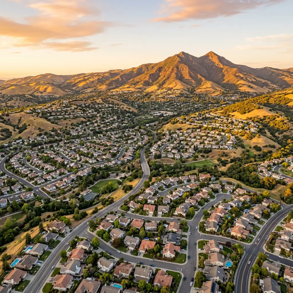 Suburban hills and rooftops in the East Bay at golden hour near Mount Diablo