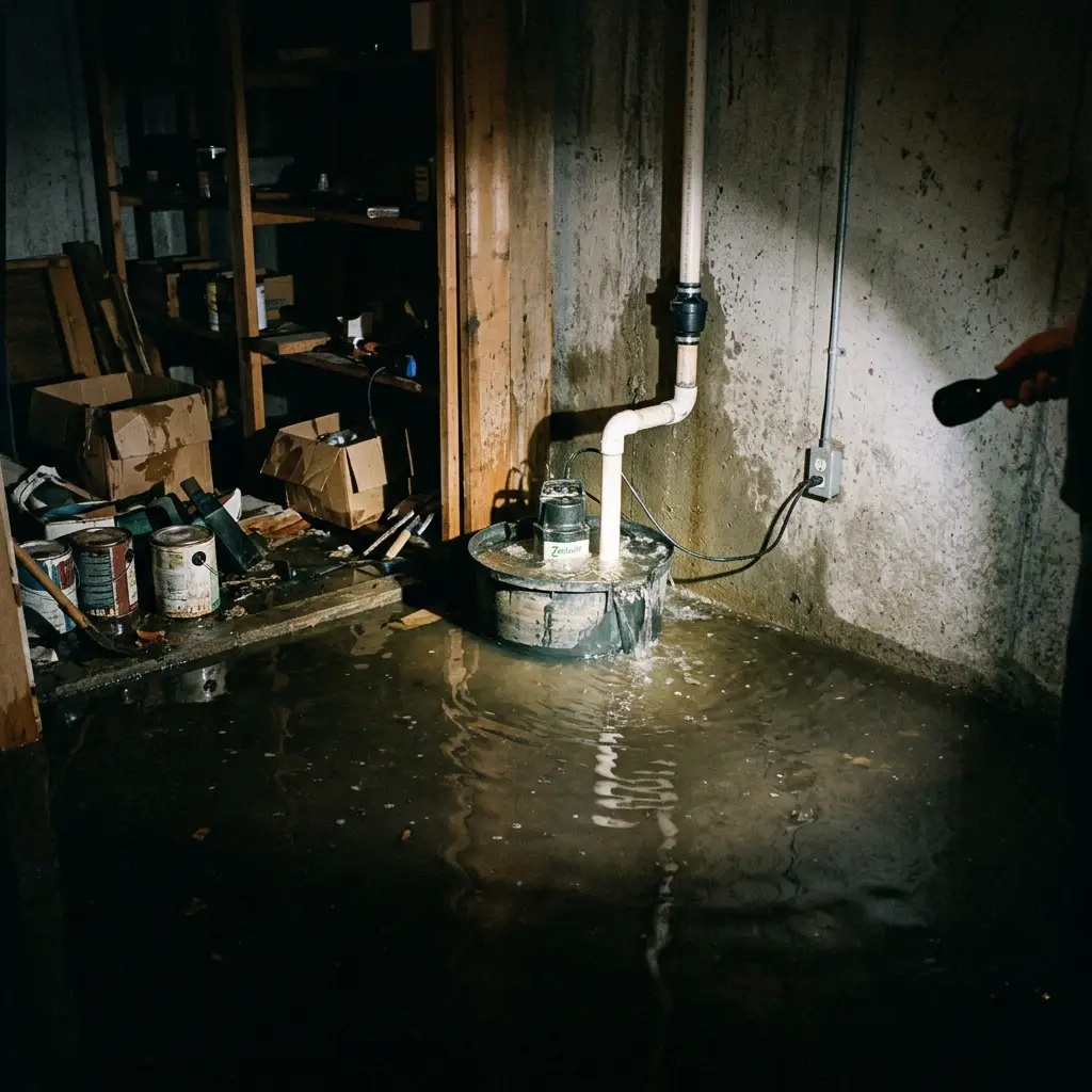 Flooded basement with a sump pump and a flashlight beam across the water