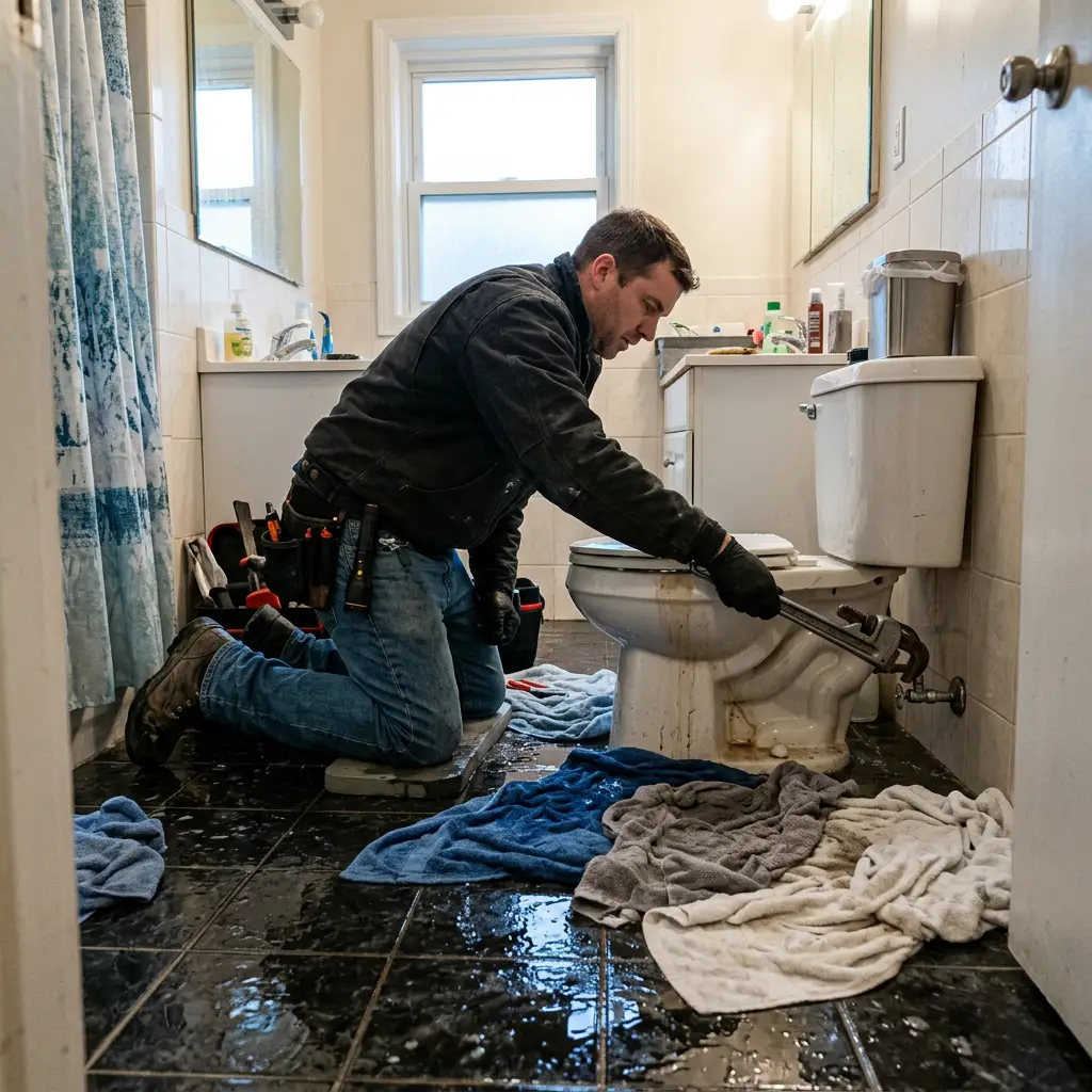Illustration of an overflowing toilet on a wet bathroom floor with a plumber and wrench