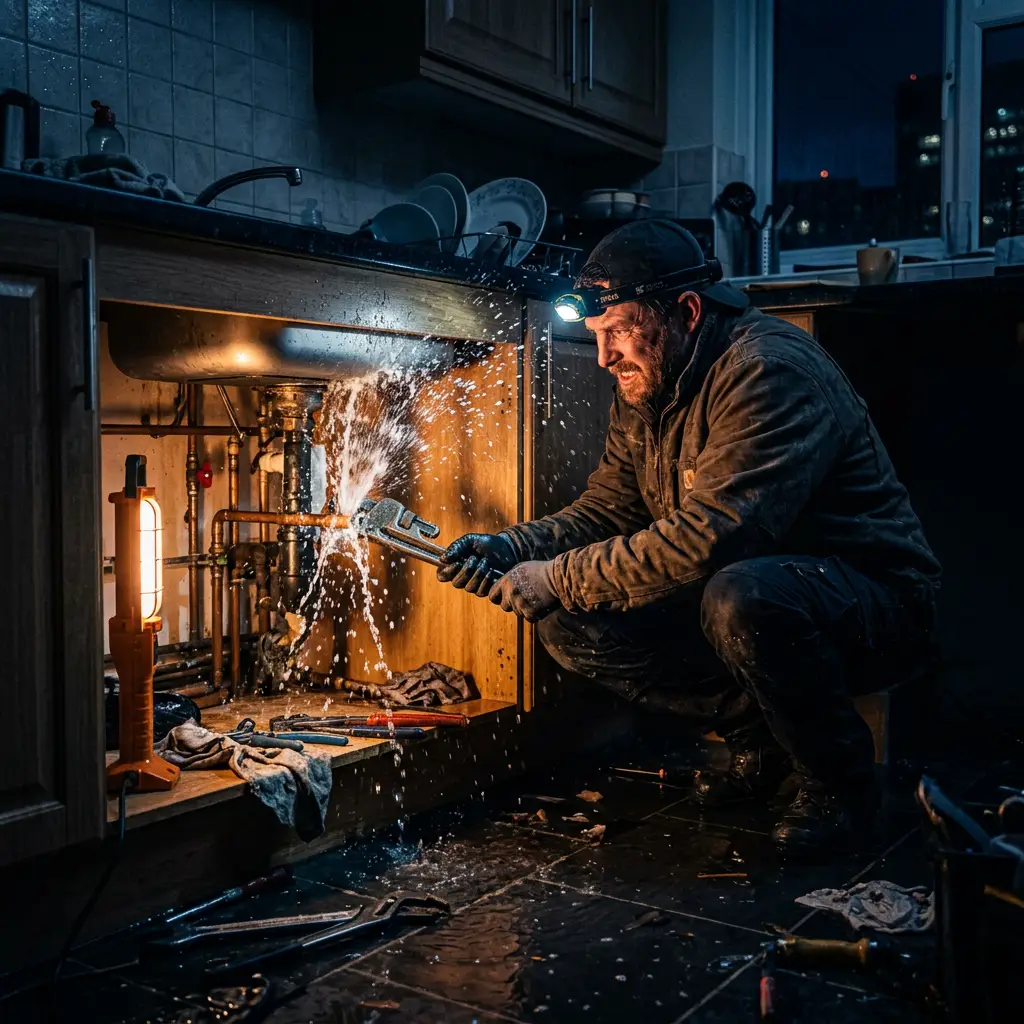 Plumber with a headlamp crouched under a flooded kitchen sink with water spraying from a pipe